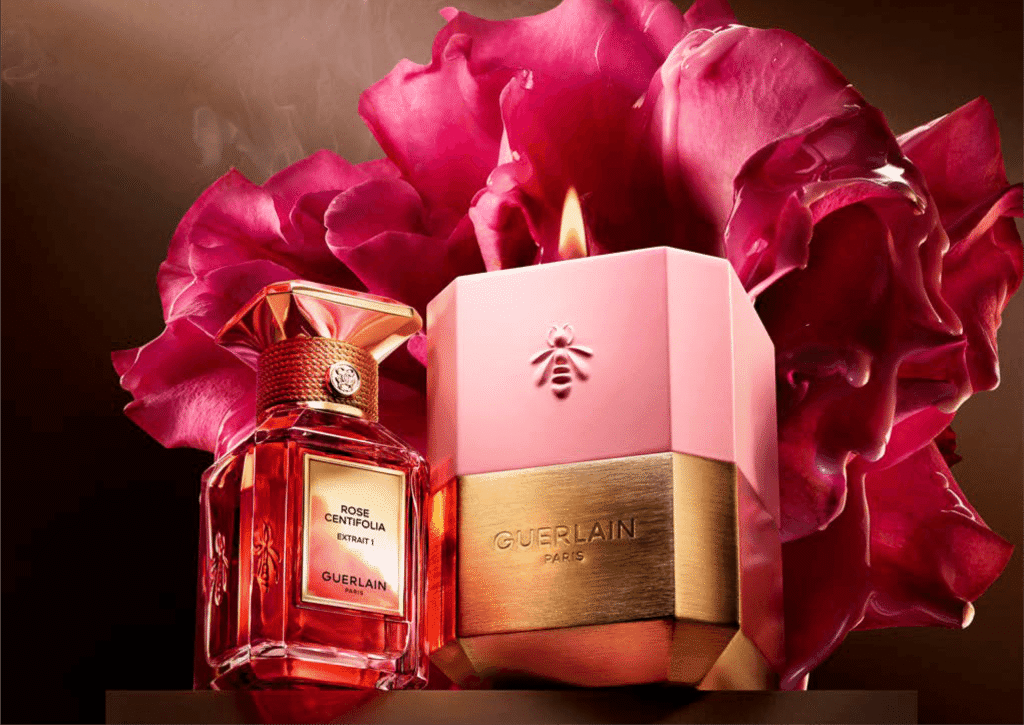 Vela Rosa con dorado y fragancia rosa con notas de Rosa Centifolia 