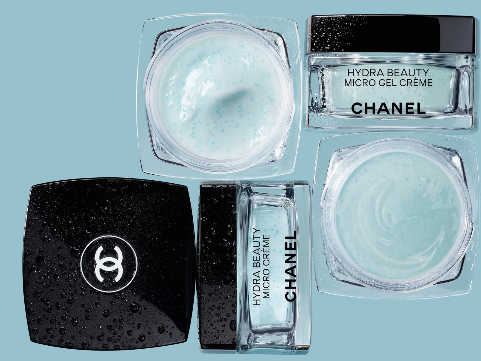 4 envases de vidrio conn tapa negra de gel hidratante Chanel