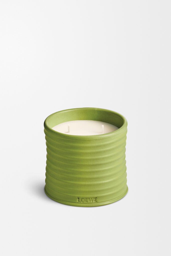 imagen que muestra solo la vela en color pistacho con la marca LOEWE a la vista