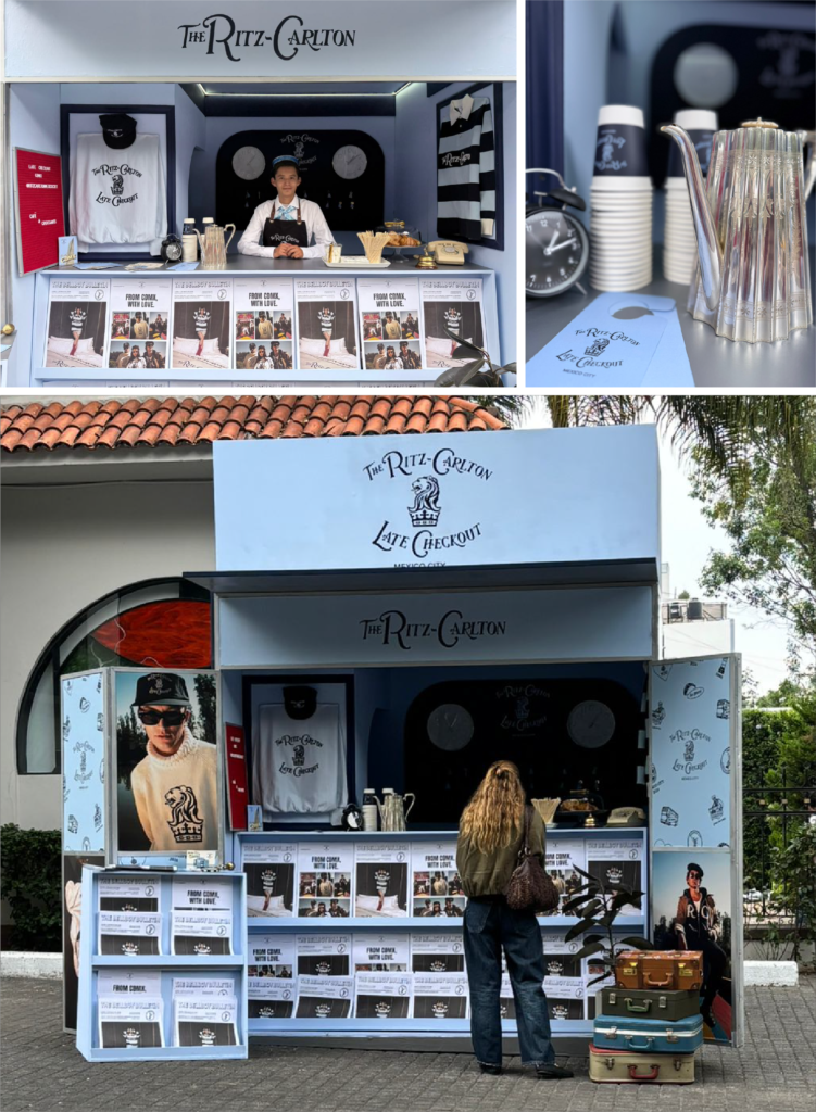 Puesto de revistas diseñado exclusivamente para la colaboración donde se ve a un hombre que atiende el área de café y detalles del stand