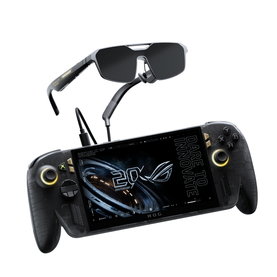 Detalle de la ROG ALLY X20 en detalle junto a los lentes de realidad virtual.